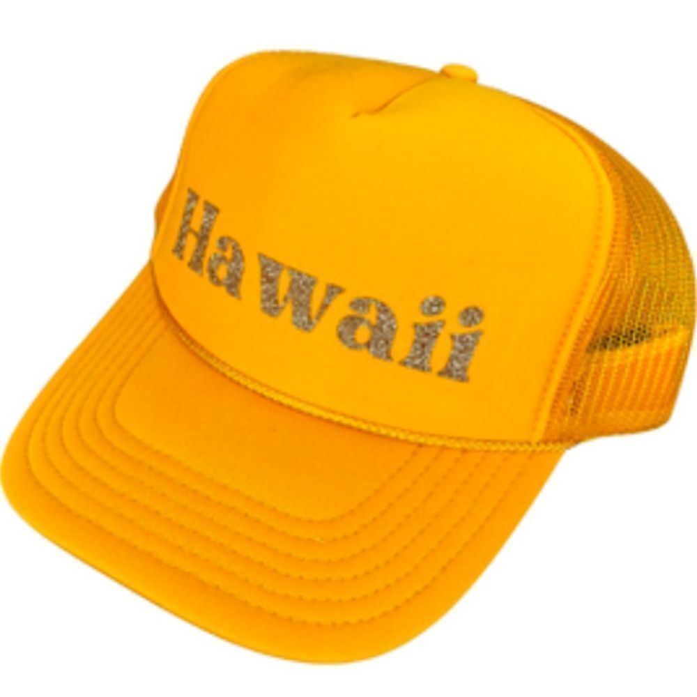 HAWAII Trucker Hat Yellow & Gold Glitter Writing BRAND NEW Snap Back Mesh Back
